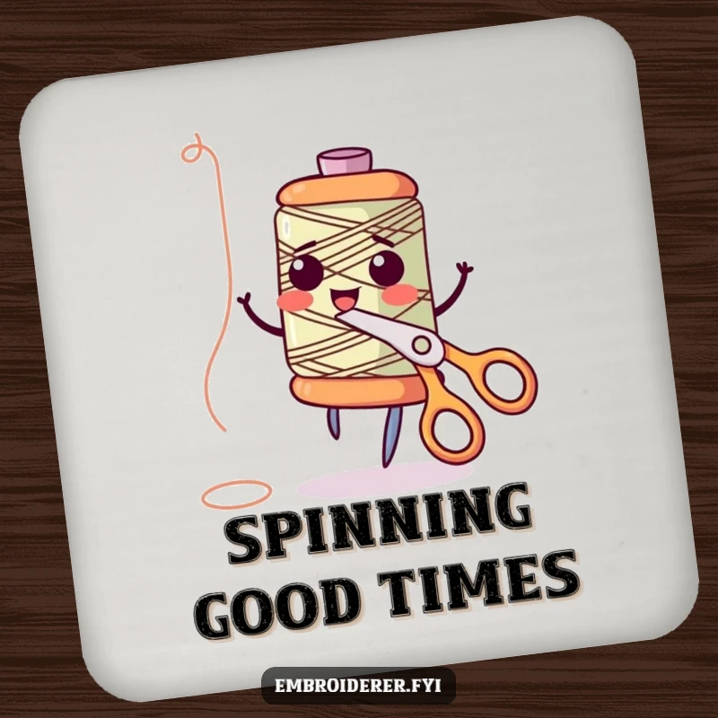 Funny anthropomorphic thread spool giggling and dancing with scissors on drink coasters, bringing playful sewing charm to tabletops, perfect for funny coaster collectors.