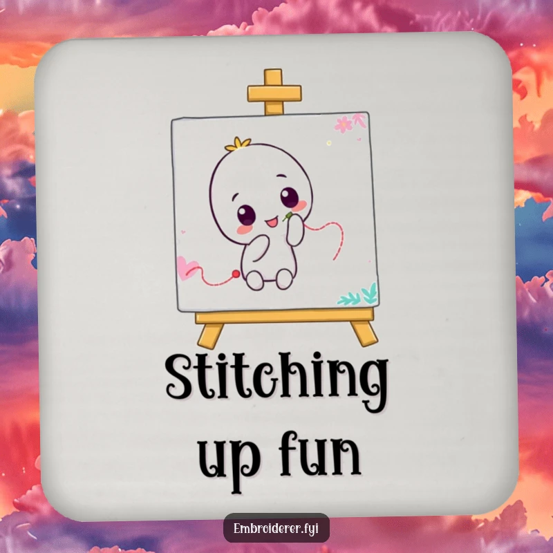 Funny drink coaster showcasing a character drawing a wiggly thread line on a canvas, protecting surfaces with artistic charm and humor.
