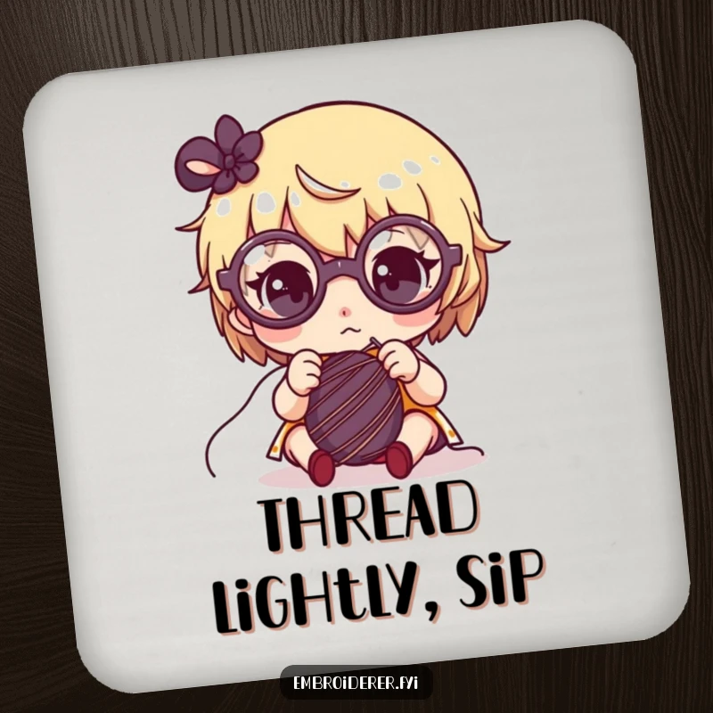 Funny drink coaster with a cute character wearing big glasses, intensely focused on sewing with needle and thread.