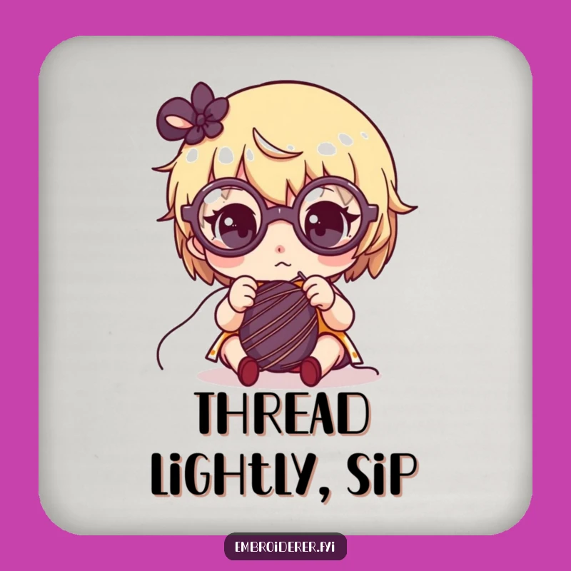 Funny Focused Crafter Coaster: Cute Glasses Character Sewing Decor