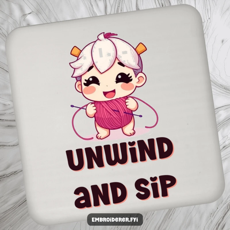 Funny drink coasters showcasing a character unspooling colorful embroidery floss, adding a touch of playful craft decor.
