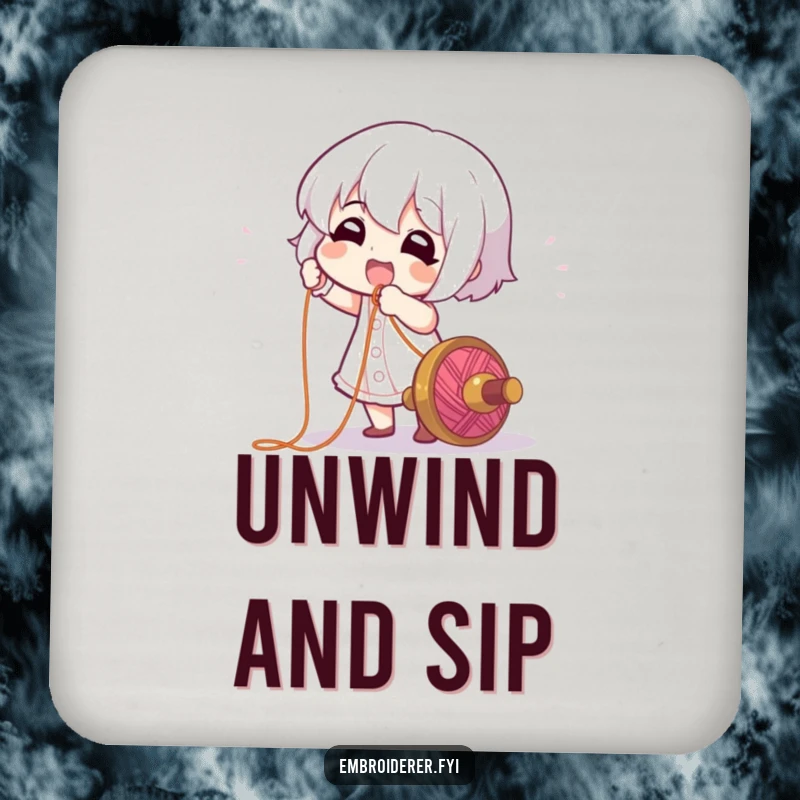 Funny Coasters: A character gleefully pulling a long, colorful thread from a spool, protecting furniture with humorous art.