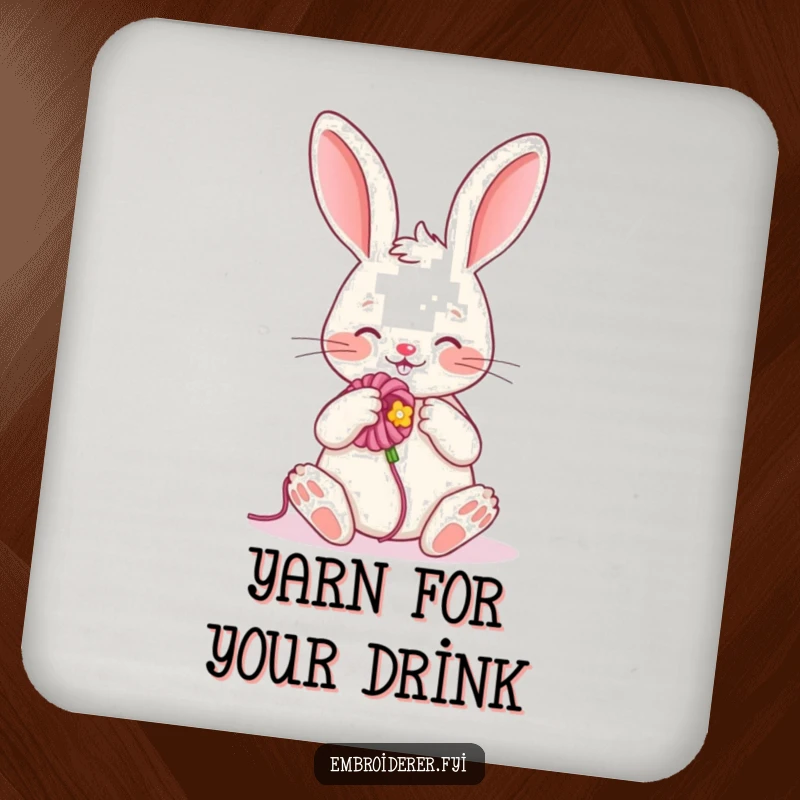 Funny coaster showcasing a cheerful rabbit embroidering a flower, offering surface protection with a humorous and crafty theme.