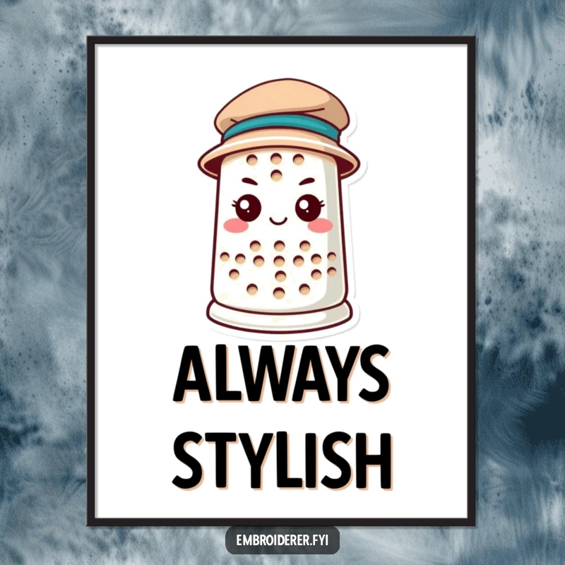 Funny anthropomorphic thimble determinedly wearing a tiny hat on a poster, symbolizing perseverance and ambition in crafting, perfect for funny art collectors.