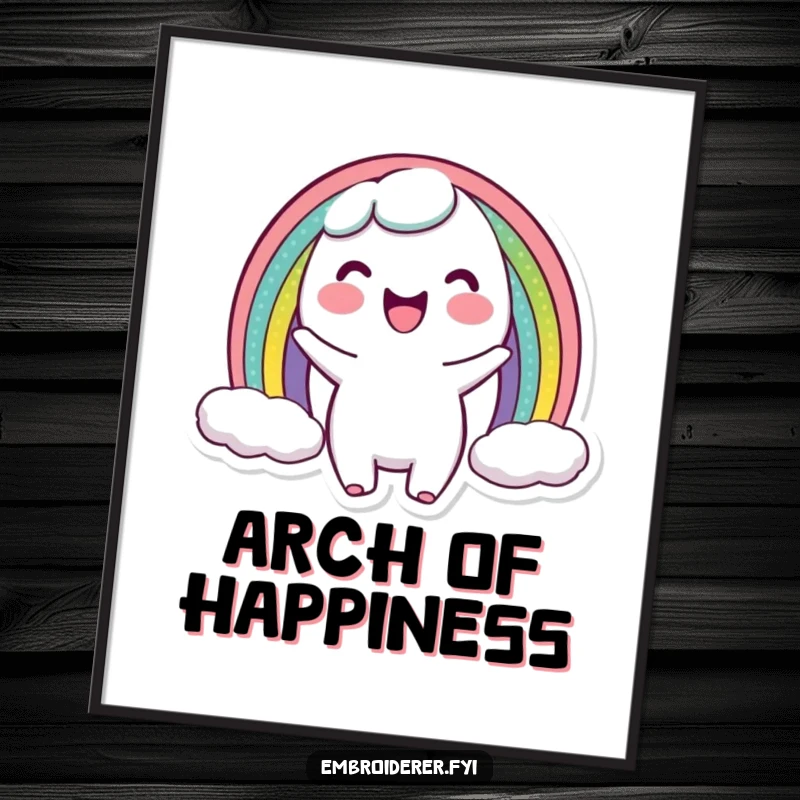 Funny poster featuring a character showing off a perfectly stitched miniature rainbow arc, adding joyful and colorful art to any space.