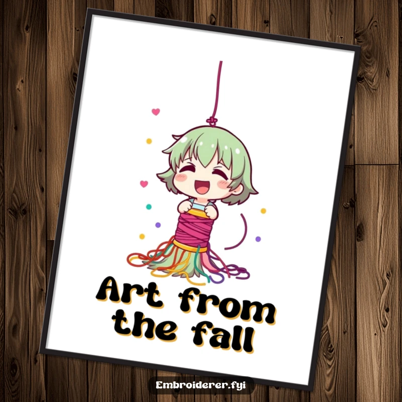 Funny poster of a giggling character dropping a spool of thread, creating an artistic and colorful cascade of yarn.