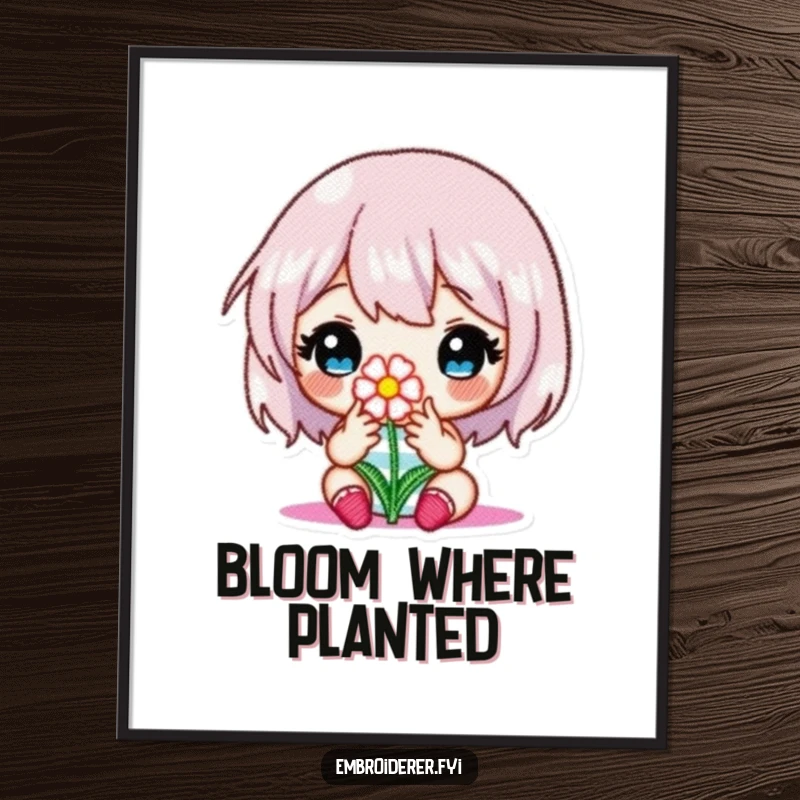 Funny poster showcasing a character precisely embroidering a tiny flower, highlighting the beauty of focused crafting.