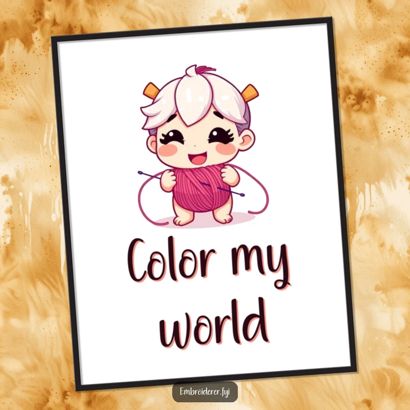 Funny poster of a grinning character energetically unspooling a riot of colorful embroidery floss, celebrating crafting creativity.