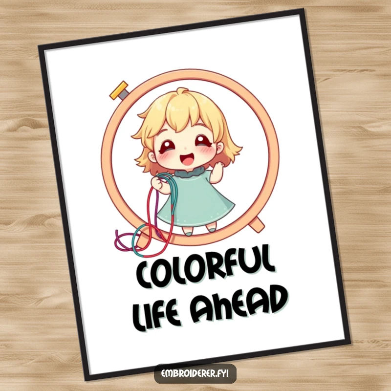 Funny poster art of a delighted character pulling a long colorful thread from a giant embroidery hoop, for stitch lovers.