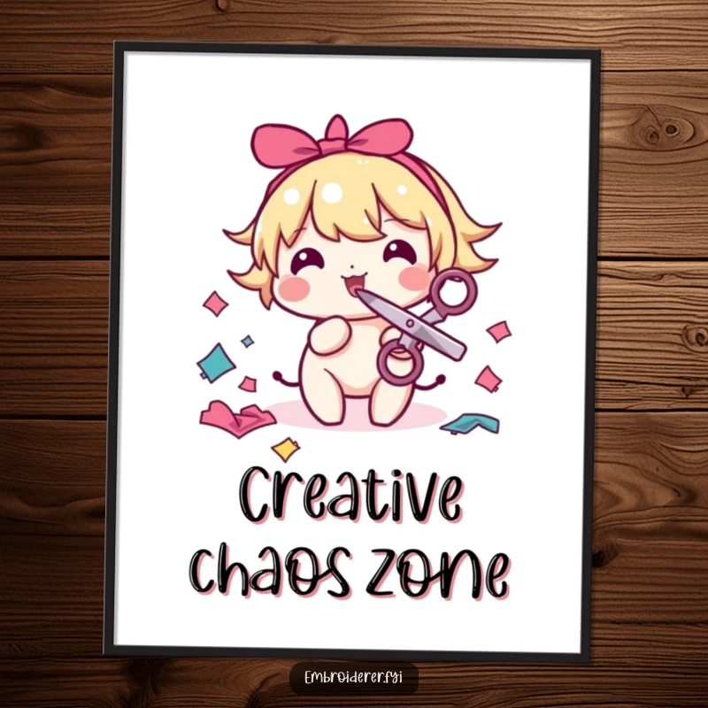 Funny sewing poster showcasing a whimsical character with scissors in its mouth, playfully snipping colorful fabric scraps, a burst of creativity.