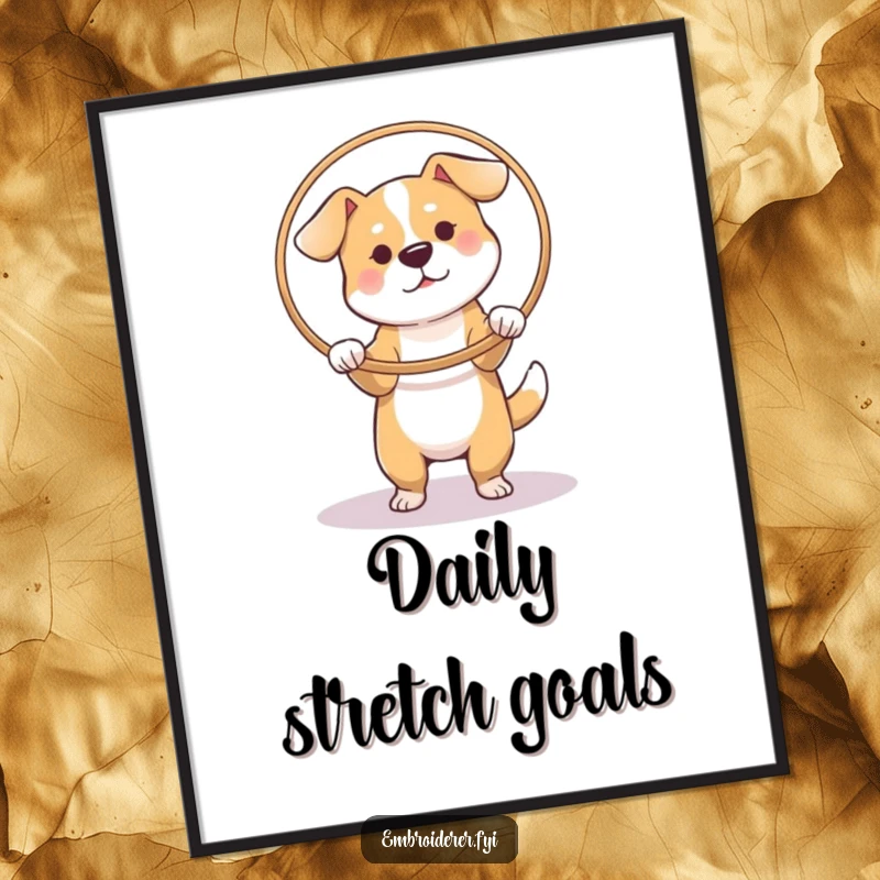 Funny Dog Hoop Poster, a focused dog stretching fabric in a hoop, humorous wall art for serious crafters.