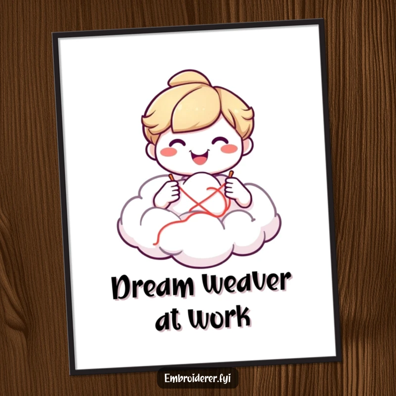 Funny smiling character sewing a fluffy cloud, depicted as a humorous poster for whimsical and creative-themed decor.