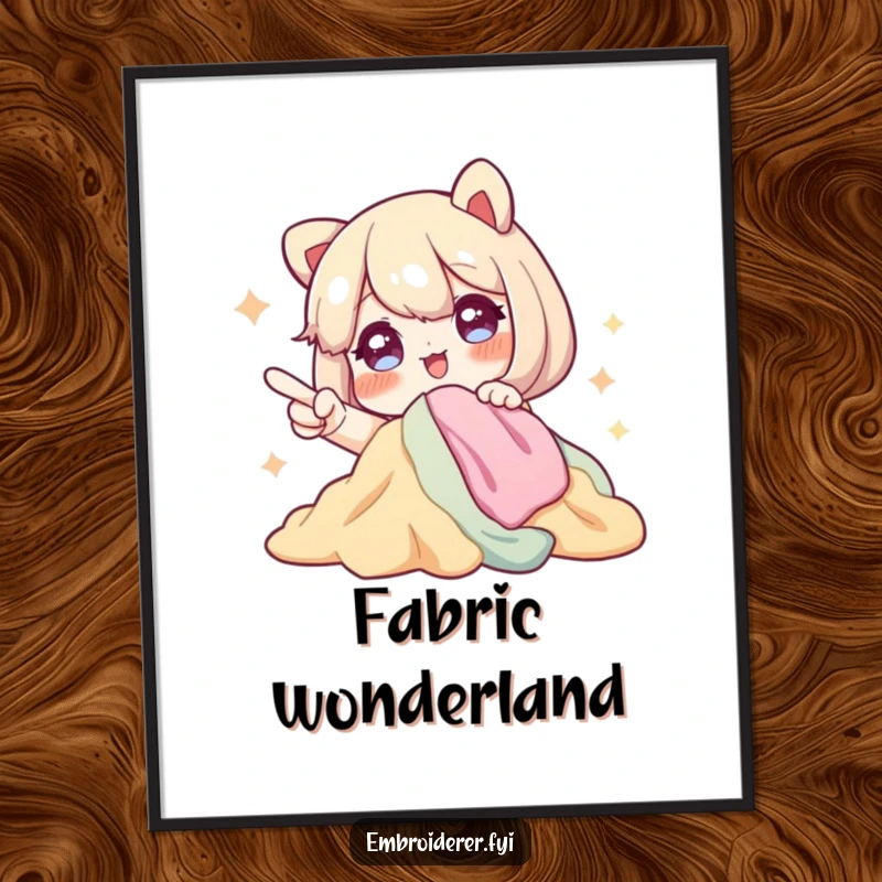 Funny poster of a character with sparkling eyes, excitedly pointing at a pile of fabric, perfect for decor in sewing and craft spaces.