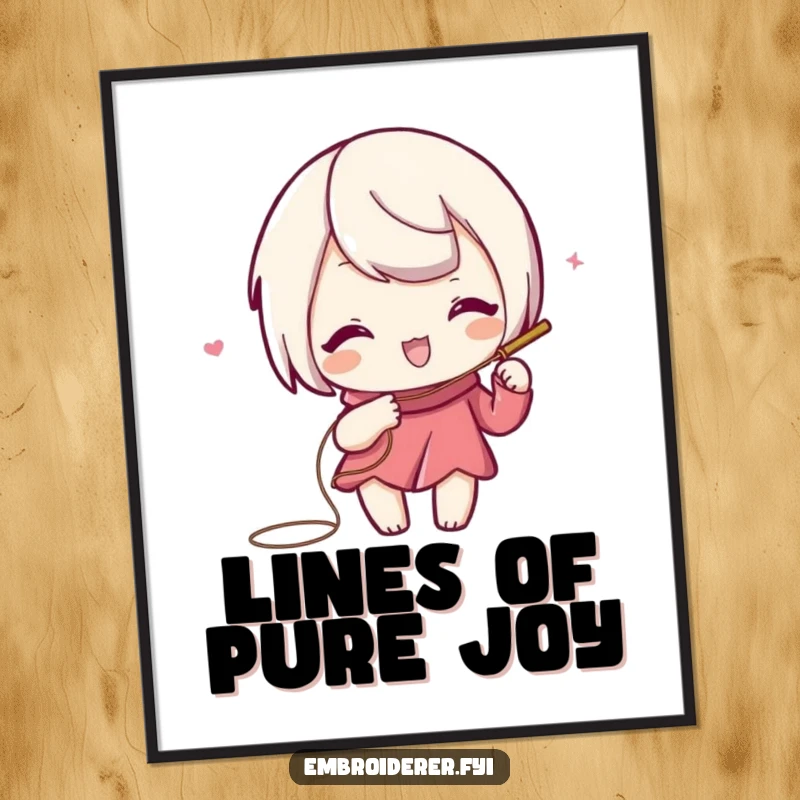 Funny poster art of a playful character using needle and thread to draw a swirling, decorative line.