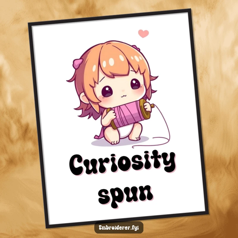 Funny poster of a curious character looking with wide-eyed wonder at a spool of thread, evoking creative inspiration.