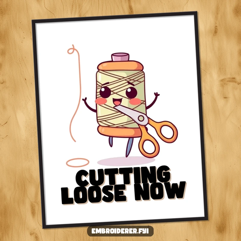 Funny anthropomorphic thread spool giggling and dancing with scissors on a poster, celebrating the joy and movement in sewing, perfect for funny art collectors.