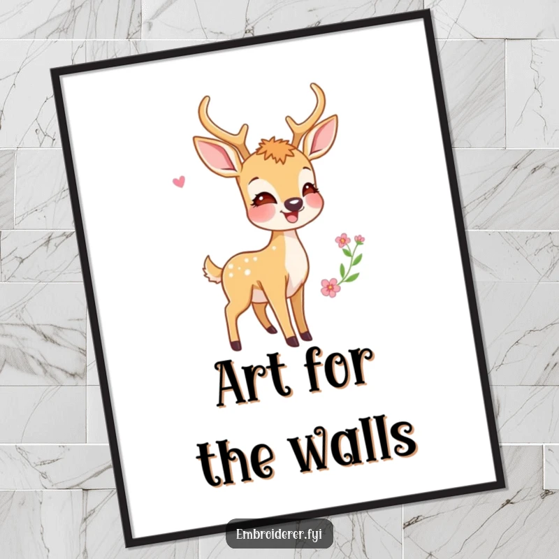 Funny poster print of a glowing deer with a big smile, holding up a hoop with a stunning, completed embroidery design.