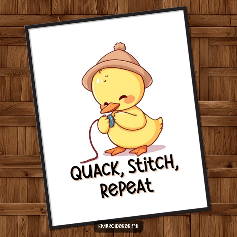 Funny poster showcasing a cute duck in a small hat struggling to sew a button, adding quirky charm and artistic flair.