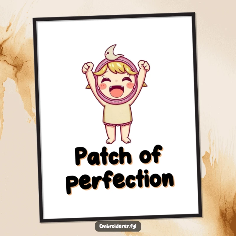 Funny embroidered patch poster, depicting a character holding a detailed, colorful embroidered patch aloft, signifying creative triumph.