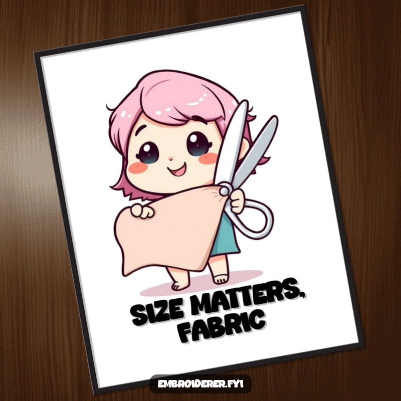 Funny poster artwork of a happy character holding comically large scissors, ready to cut a fabric swatch with joy.