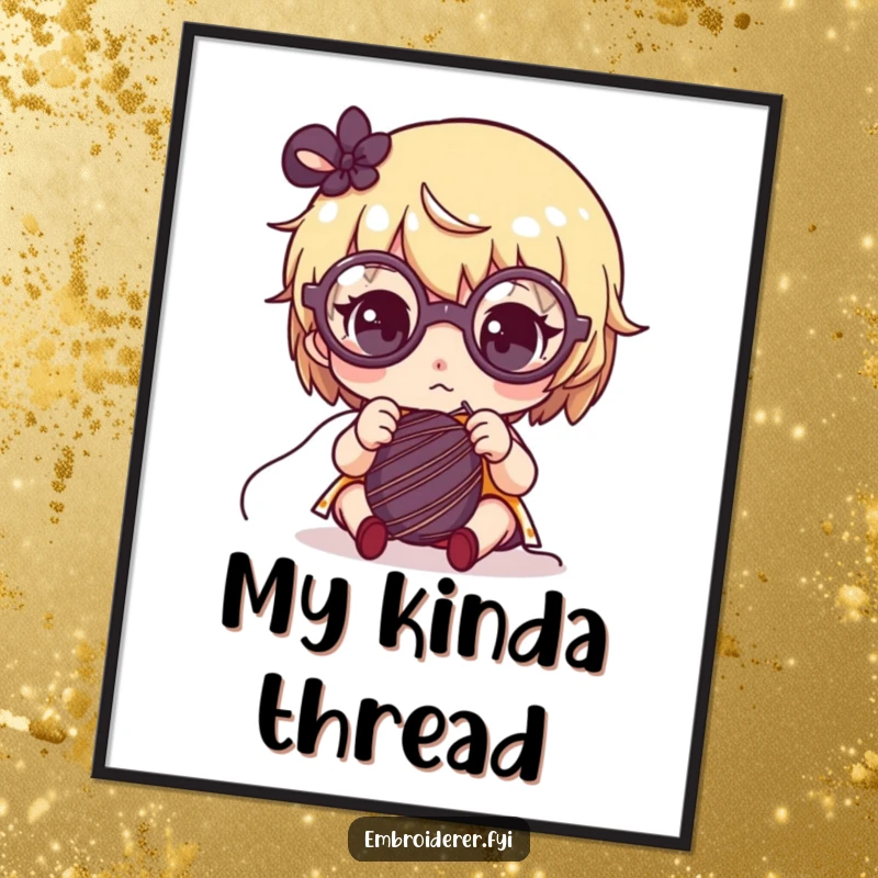 Funny poster art of a cute character with oversized round glasses, concentrating on sewing with a needle and thread.