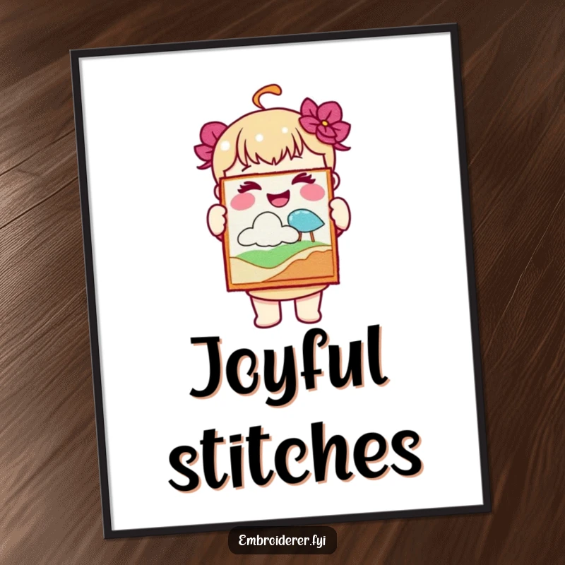 Funny poster of a joyful character proudly holding up a piece of exquisite embroidered art, celebrating artistic achievement.