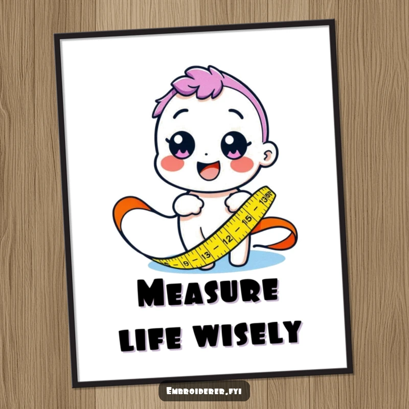 Funny poster of a happy character measuring fabric with a colorful tape measure that spans across the design.