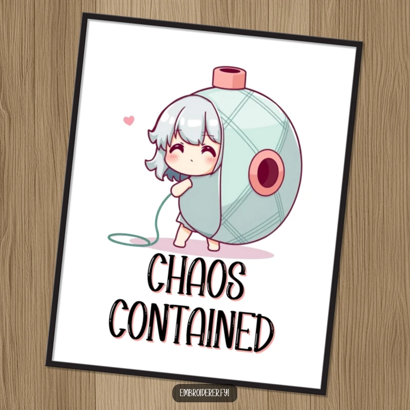 Funny Poster illustrating a character adorably battling a huge spool of embroidery floss, a humorous piece for crafters.