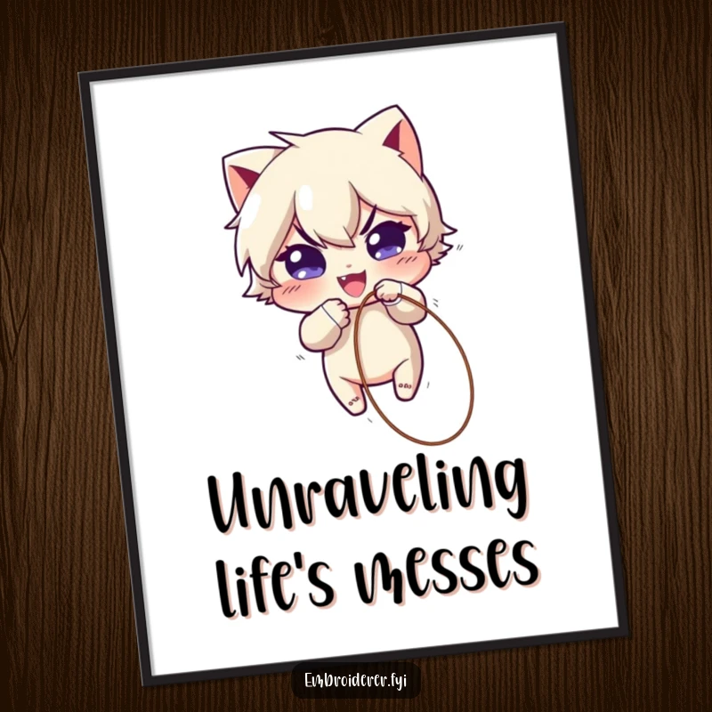 Funny Poster: Mischievous character caught in the funny act of playfully pulling a thread loose from fabric, adding artistic humor.