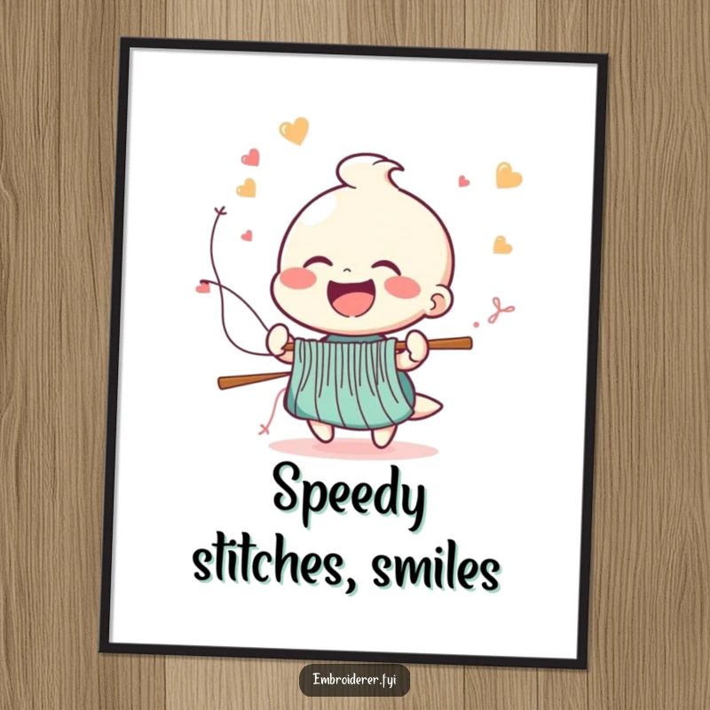 Funny poster of a cheerful figure laughing while stitches rapidly fly from a needle, celebrating the speed and joy of sewing.