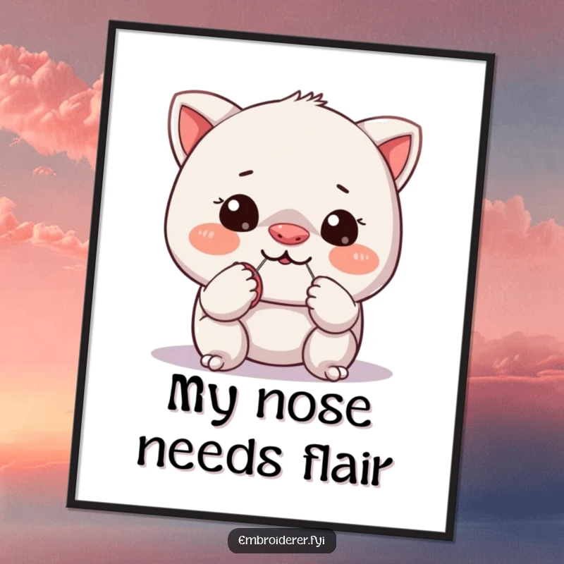 Funny poster artwork of a mischievous character attempting to sew a tiny button onto its own nose, a humorous sewing mishap.