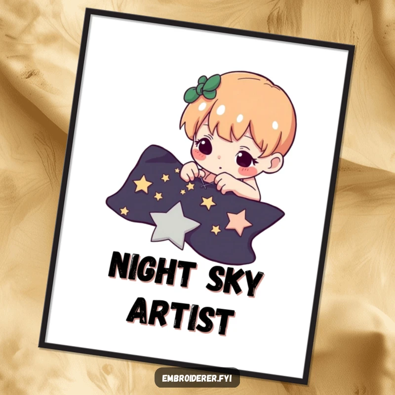 Funny poster artwork of a determined character carefully stitching tiny stars onto dark fabric, representing cosmic artistry.