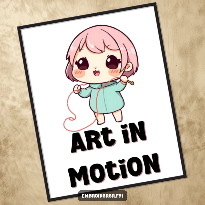 Funny stitch artist poster featuring a playful character drawing a swirling, decorative line with needle and thread, perfect for decor.