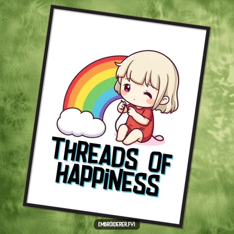 Funny stitching rainbow poster, depicting a character meticulously stitching a brilliant, multi-colored rainbow onto a piece of cloth.