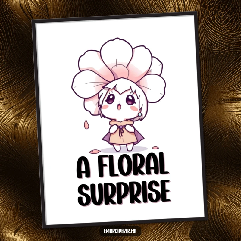 Funny character looking up in surprise as a large embroidered flower petal drifts down, a whimsical art poster.