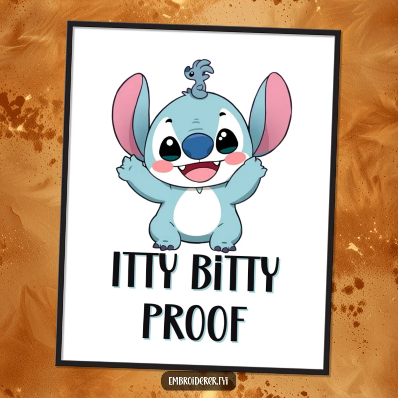 Funny poster of a delighted character holding up a ridiculously small stitch, perfect for sewing rooms and celebrating crafting achievements.