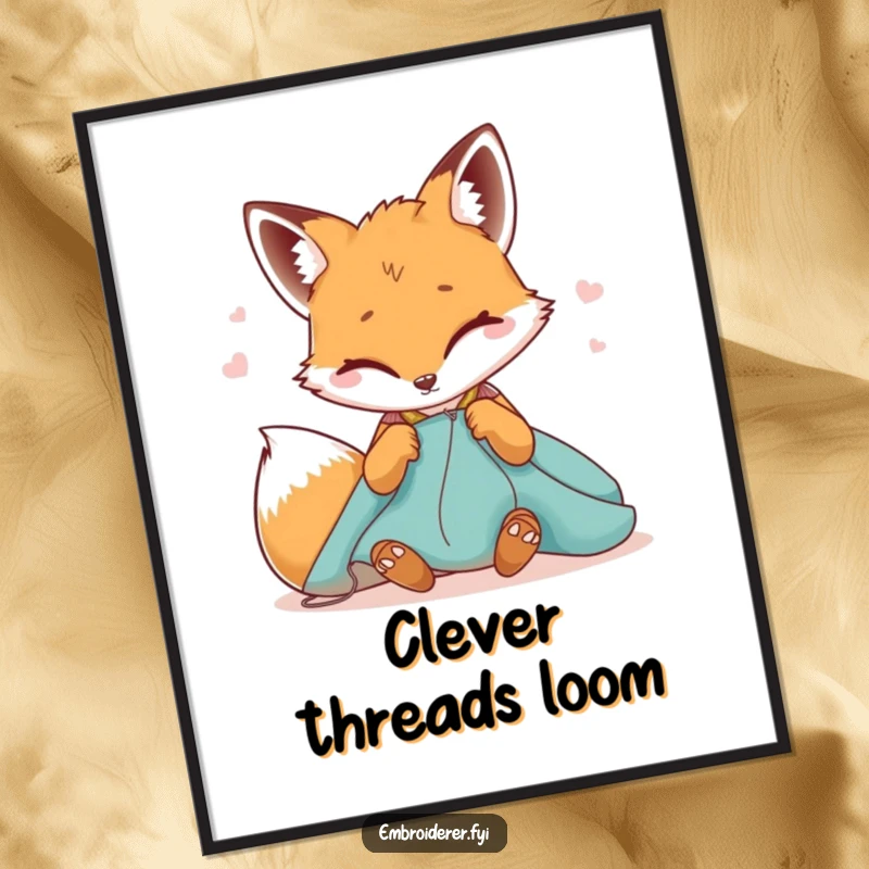 Funny poster featuring a winking fox meticulously stitching fabric, bringing sly craft humor to wall decor.
