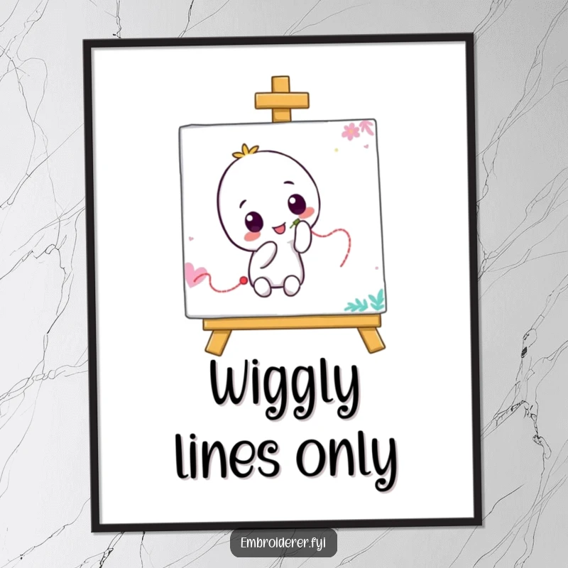 Funny poster featuring a playful character using a needle to stitch a wiggly line on a colorful canvas, adding artistic humor to decor.