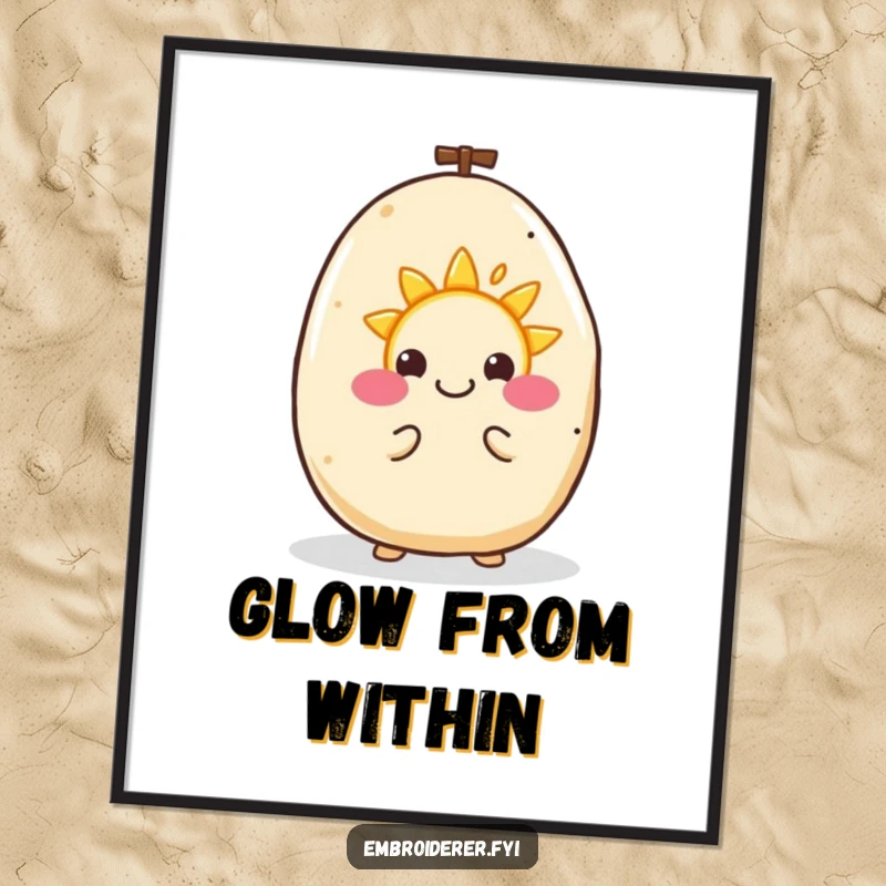 Funny poster depicting a happy potato happily embroidering a tiny smiling sun, exuding creativity and cheer.
