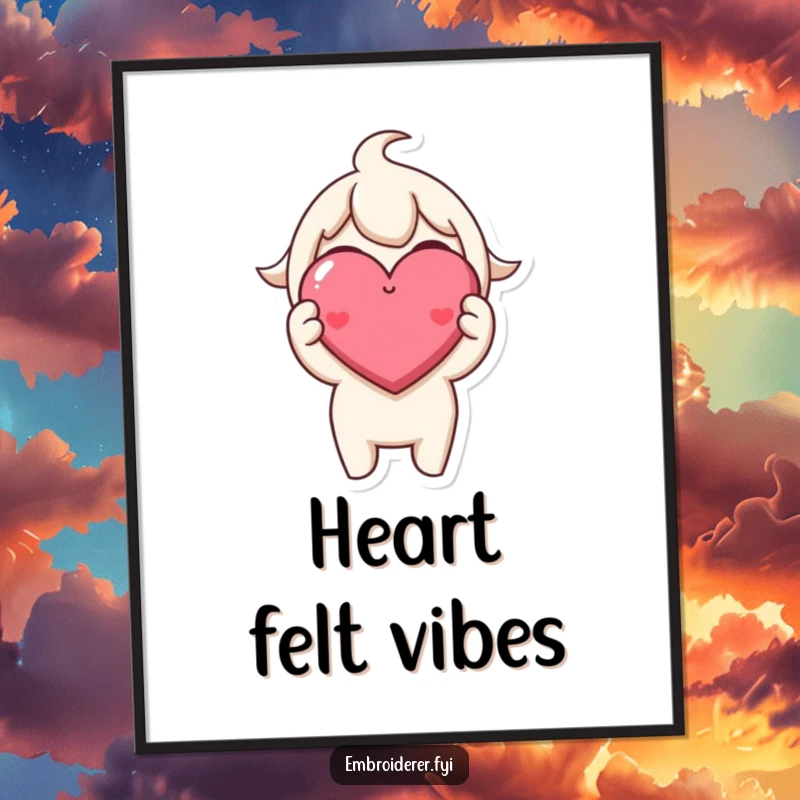 Funny Poster: Character joyfully holds a tiny, perfectly stitched, smiling heart, celebrating the art of stitching.