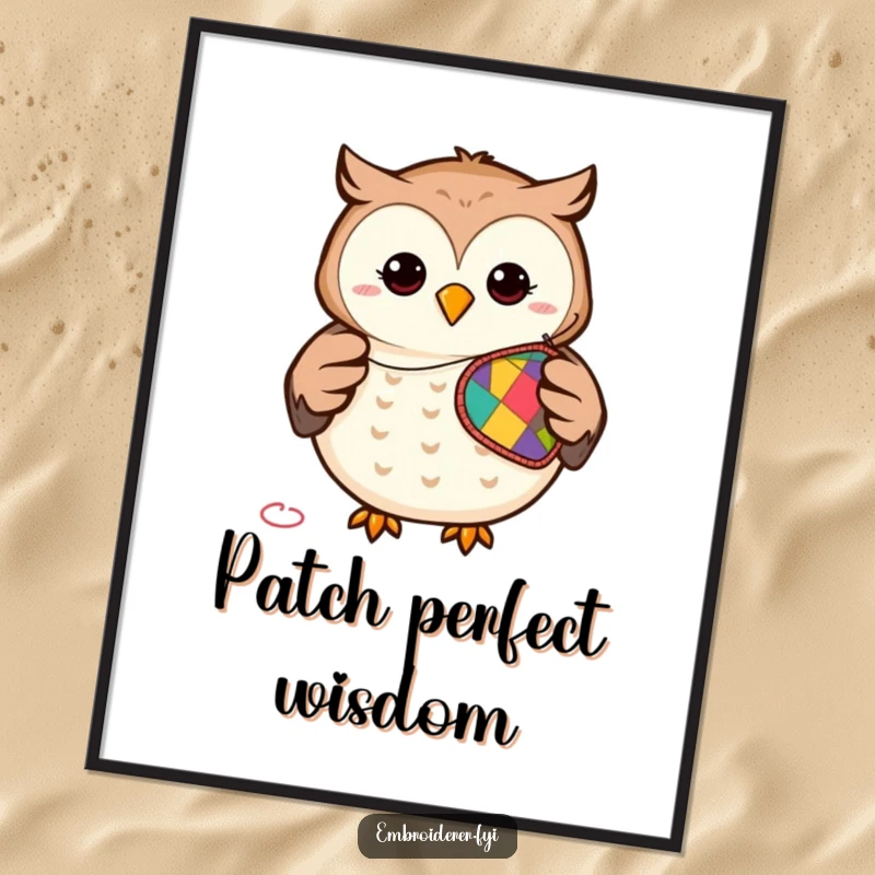 Funny poster showcasing a smiling owl diligently stitching a vibrant patch, bringing artistic craft humor to wall decor.