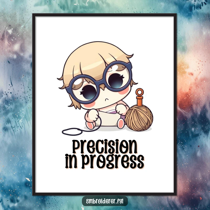 Funny crafter poster featuring a cute character with glasses, intensely focused on needle and thread, for artistic inspiration.