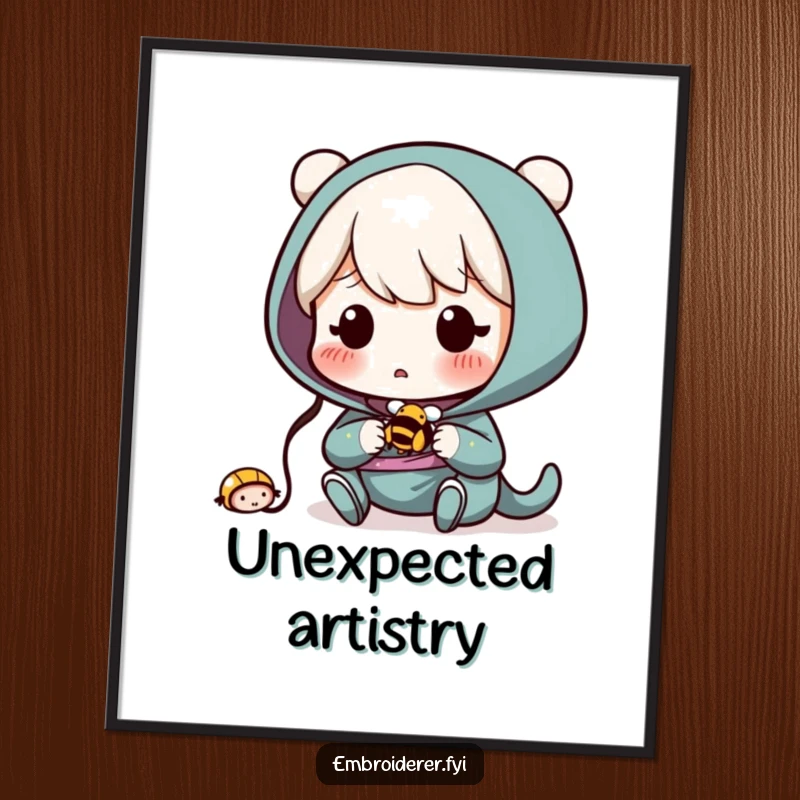 Funny Poster: Surprised character accidentally sewing a tiny, buzzing bee, a humorous craft-related image.