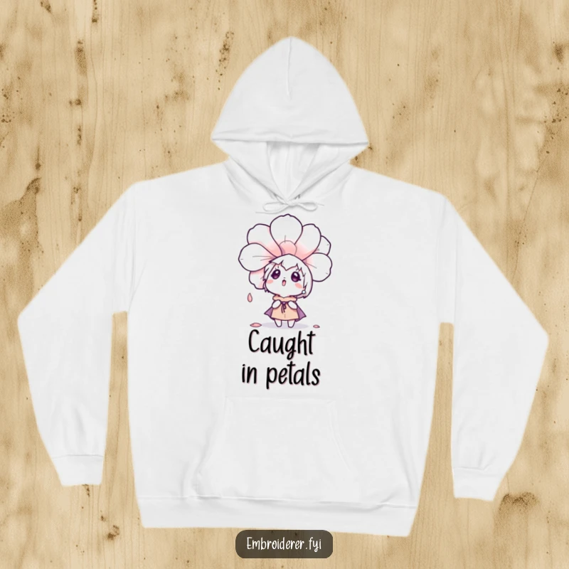 Funny, cozy hoodie featuring a character surprised by a falling flower petal, symbolizing wonder and comfort.