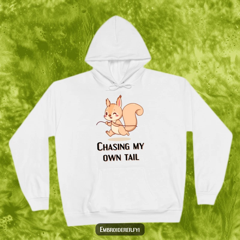 Funny Squirrel Thread Hoodie, a playful squirrel running with thread, cozy and humorous sweatshirt for fun lovers.