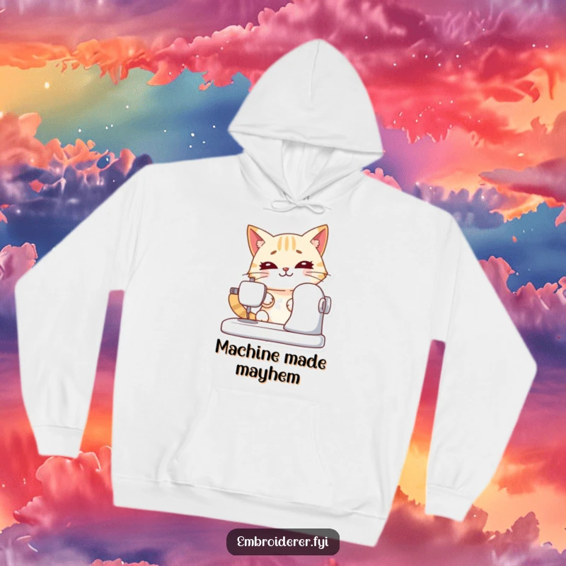 Funny hoodie showcasing a determined cat focused on sewing, offering warmth and a humorous nod to craft dedication.