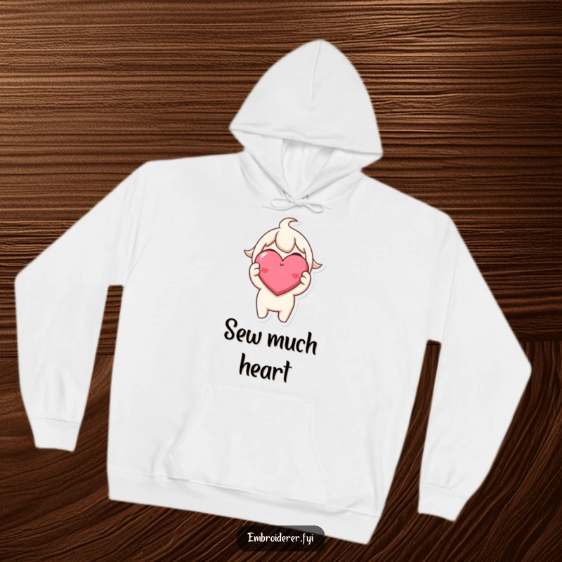 Funny Hoodie: A cheerful character proudly displays a tiny, perfectly stitched, smiling heart, a symbol of love and crafting.