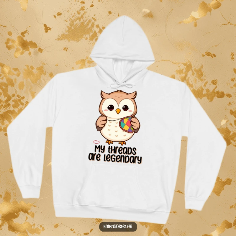 Funny hoodie featuring a smiling owl focused on stitching a lively patch, a cozy and humorous addition for crafters.