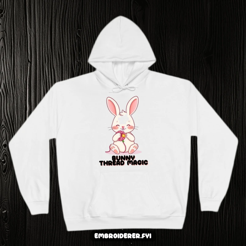 Funny hoodie showcasing a cheerful rabbit embroidering a flower, offering warmth and a humorous, crafty vibe.