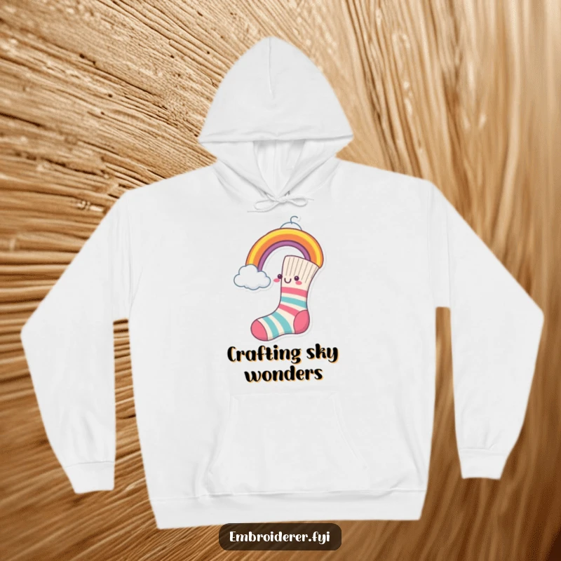 Funny Hoodie featuring a cheerful sock sewing a rainbow onto a cloud, embodying creativity.